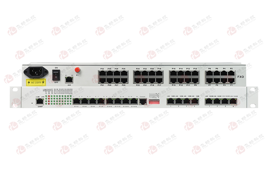 飛暢科技-32路電話+16E1+4FE+4GE+2路數據+SNMP+console（19英寸，物理隔離）電話光端機
