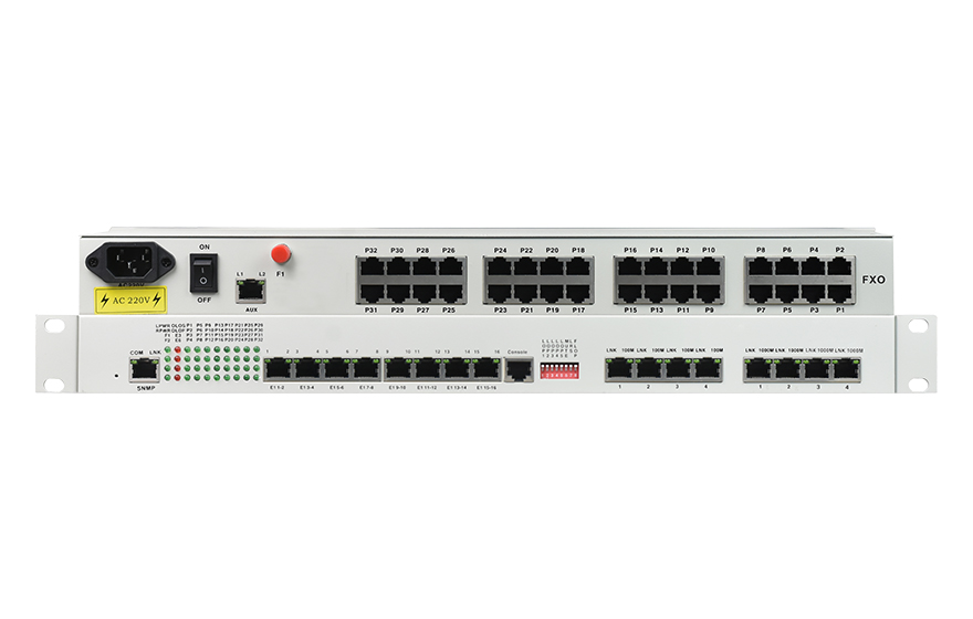 飛暢科技-32路電話+16E1+4FE+4GE+2路數據+SNMP+console（19英寸，物理隔離）電話光端機